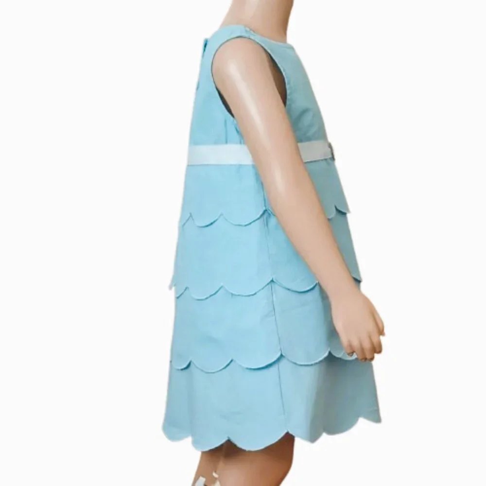 Girl's Blue Layered Scalloped Dress 4 Sleeveless with White Ribbon & Bow Retro